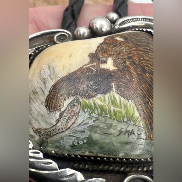 Ivan V Signed Navajo Handmade Sterling Silver Hand Painted Bear Fish Bolo Tie - Picture 6 of 9